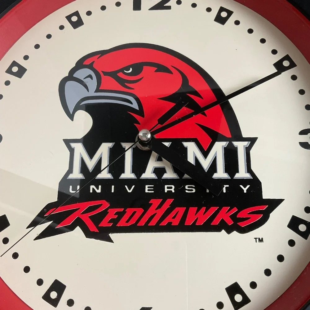 Miami University RedHawks Wall Clock Hana Time NCAA Sports Decor Black Red 12in